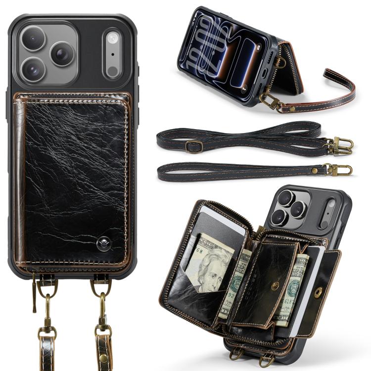 For iPhone 17 Pro JEEHOOD C22 Series Zipper Wallet Leather Phone Case with Dual Lanyard