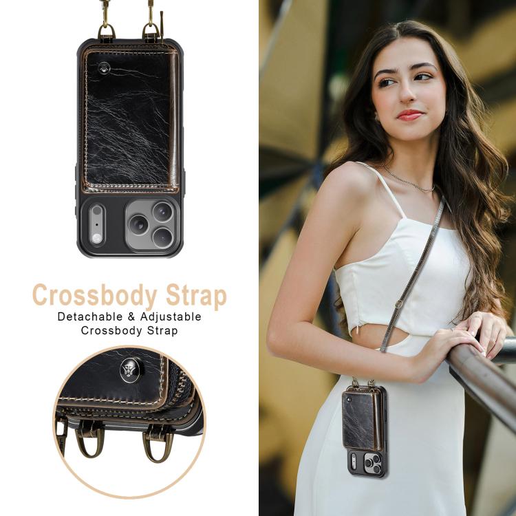 For iPhone 17 Pro JEEHOOD C22 Series Zipper Wallet Leather Phone Case with Dual Lanyard