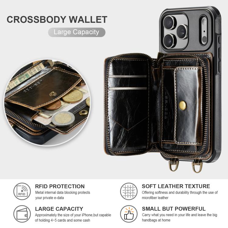 For iPhone 17 Pro JEEHOOD C22 Series Zipper Wallet Leather Phone Case with Dual Lanyard
