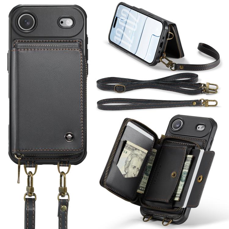 For iPhone Air JEEHOOD C22 Series Zipper Wallet Leather Phone Case with Dual Lanyard