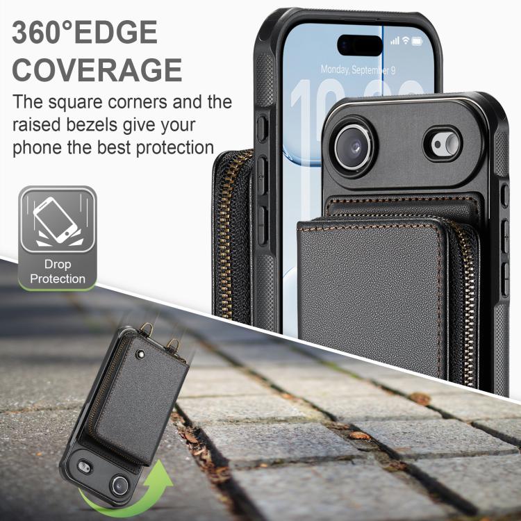 For iPhone Air JEEHOOD C22 Series Zipper Wallet Leather Phone Case with Dual Lanyard