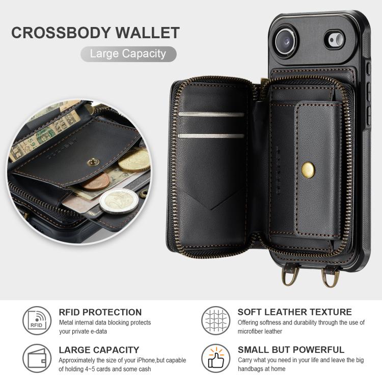 For iPhone Air JEEHOOD C22 Series Zipper Wallet Leather Phone Case with Dual Lanyard