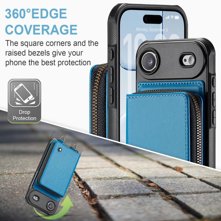 For iPhone Air JEEHOOD C22 Series Zipper Wallet Leather Phone Case with Dual Lanyard