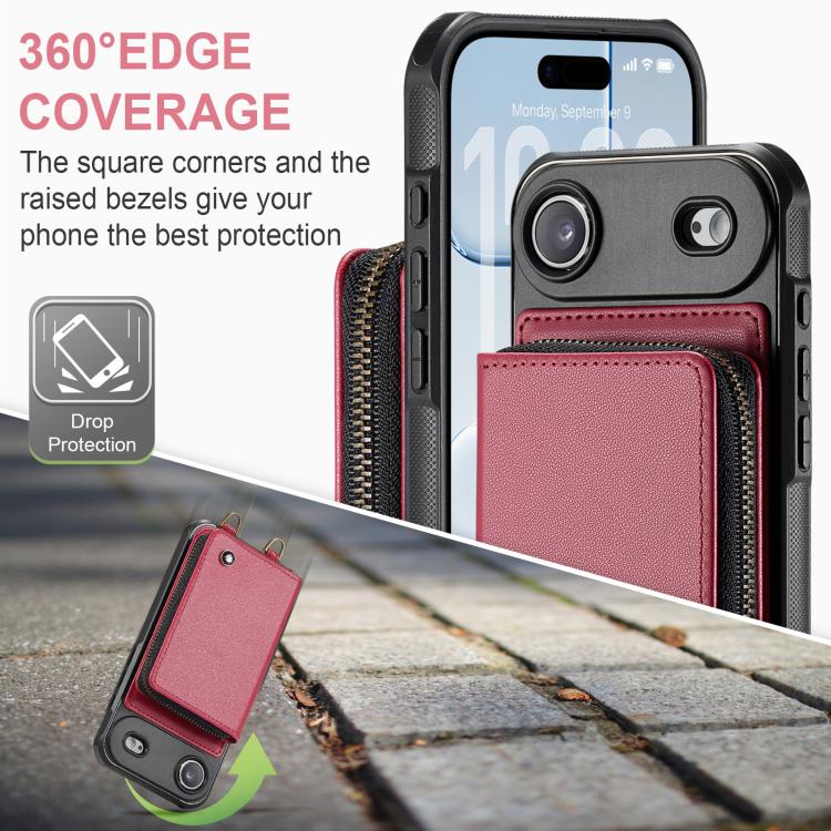 For iPhone Air JEEHOOD C22 Series Zipper Wallet Leather Phone Case with Dual Lanyard