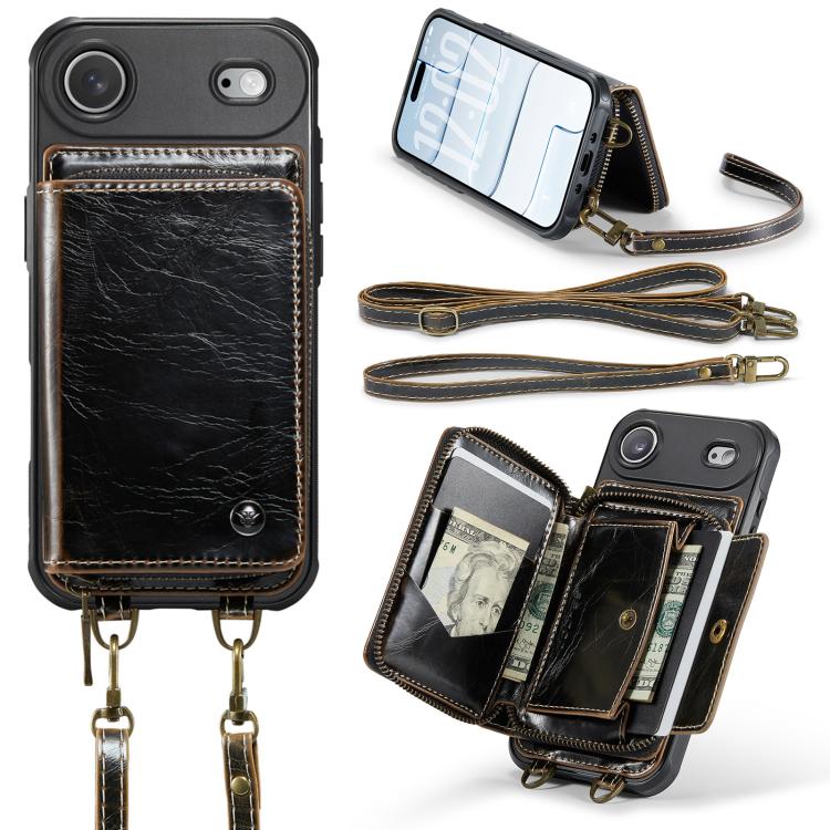 For iPhone Air JEEHOOD C22 Series Zipper Wallet Leather Phone Case with Dual Lanyard