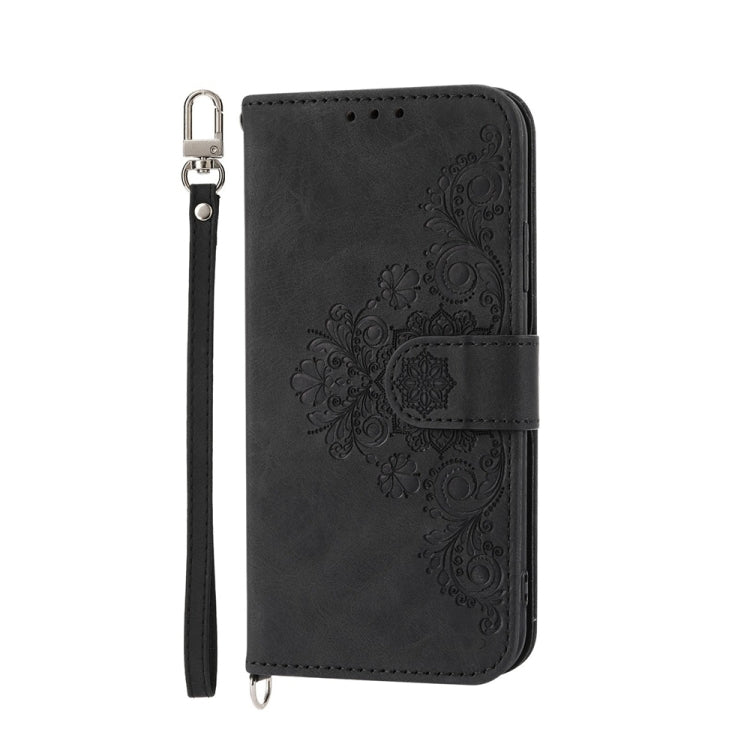 For iPhone 16e Skin-feel Flowers Embossed Wallet Leather Phone Case
