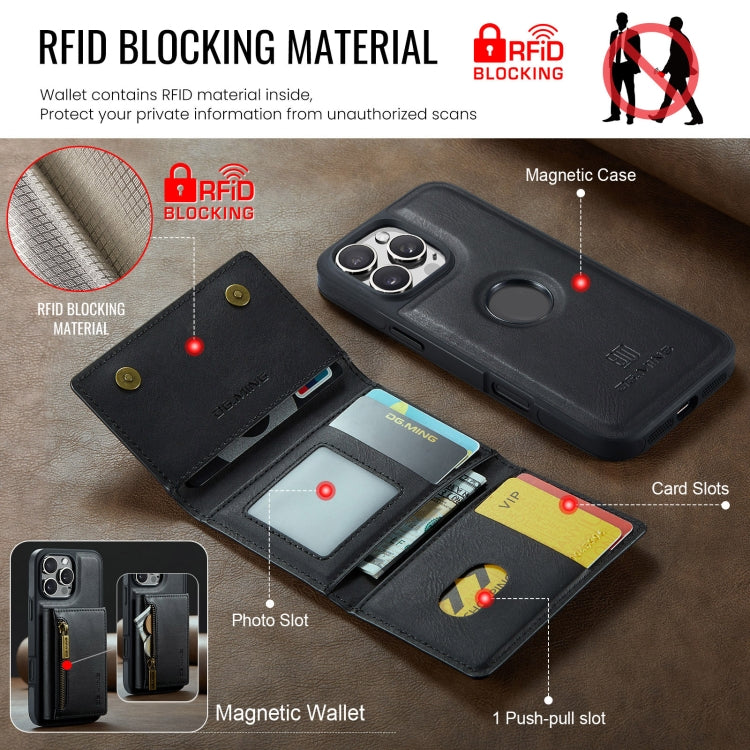 For iPhone 16 Pro Max DG.MING M5 Series Zip RFID Multi Card Detachable Leather Phone Case