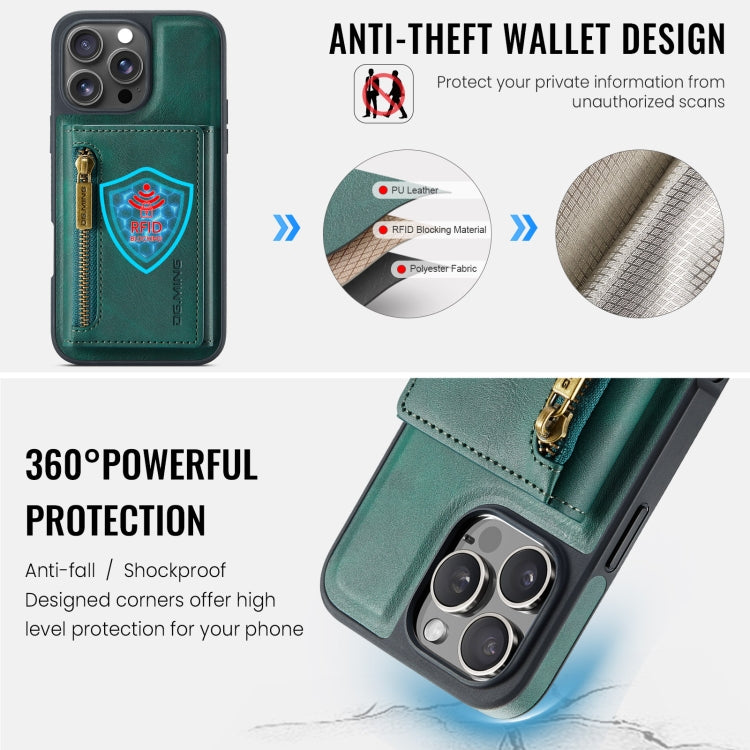 For iPhone 16 Pro DG.MING M5 Series Zip RFID Multi Card Detachable Leather Phone Case