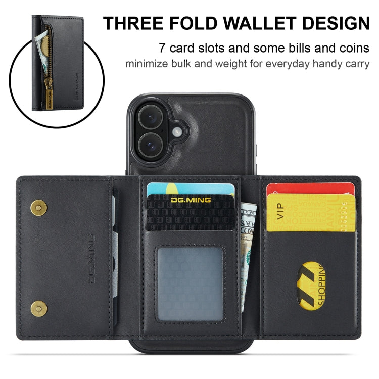 For iPhone 16 Plus DG.MING M5 Series Zip RFID Multi Card Detachable Leather Phone Case