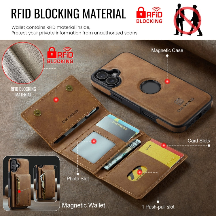 For iPhone 16 Plus DG.MING M5 Series Zip RFID Multi Card Detachable Leather Phone Case