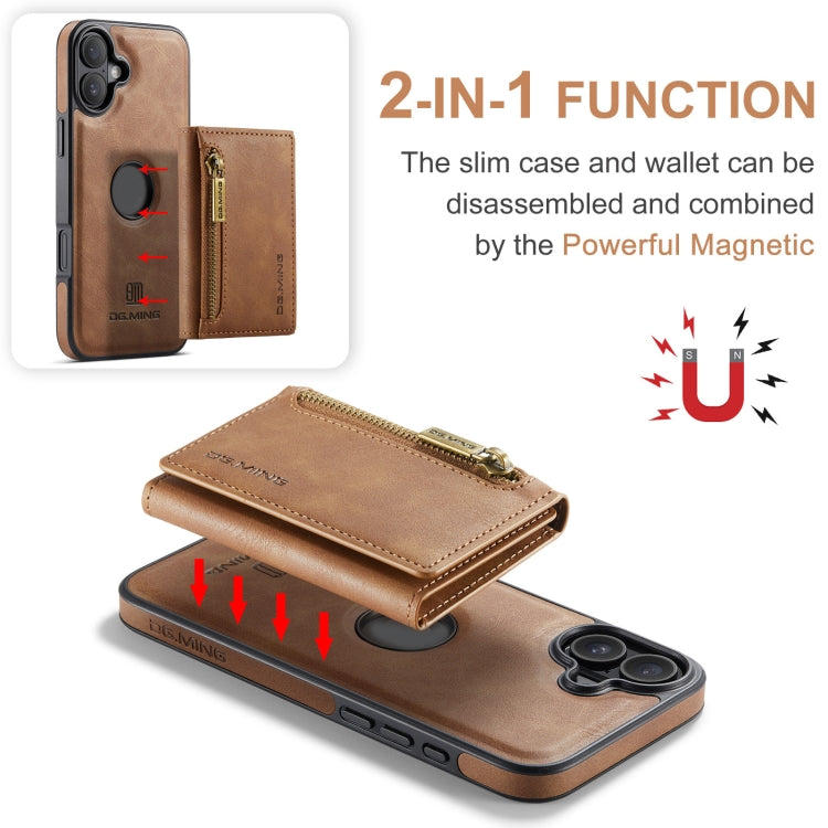 For iPhone 16 Plus DG.MING M5 Series Zip RFID Multi Card Detachable Leather Phone Case