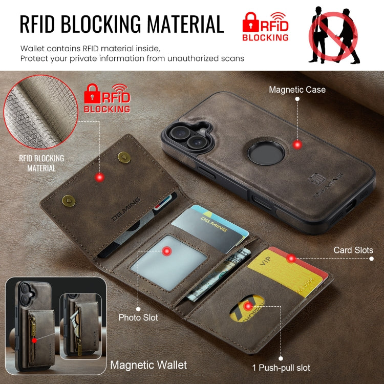 For iPhone 16 Plus DG.MING M5 Series Zip RFID Multi Card Detachable Leather Phone Case