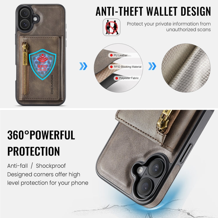 For iPhone 16 Plus DG.MING M5 Series Zip RFID Multi Card Detachable Leather Phone Case