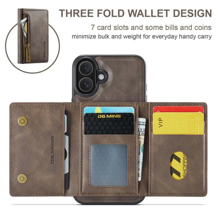 For iPhone 16 Plus DG.MING M5 Series Zip RFID Multi Card Detachable Leather Phone Case