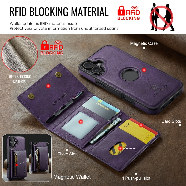 For iPhone 16 Plus DG.MING M5 Series Zip RFID Multi Card Detachable Leather Phone Case