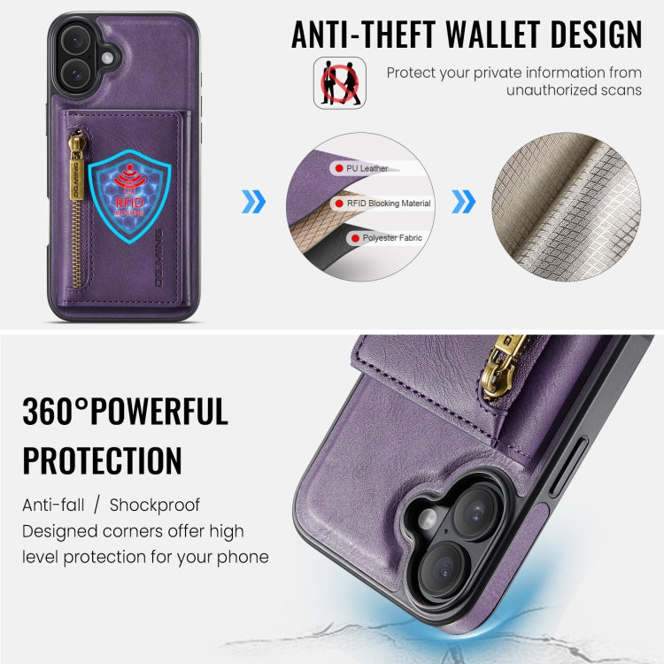 For iPhone 16 Plus DG.MING M5 Series Zip RFID Multi Card Detachable Leather Phone Case