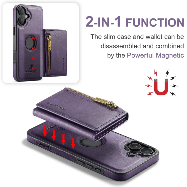 For iPhone 16 Plus DG.MING M5 Series Zip RFID Multi Card Detachable Leather Phone Case
