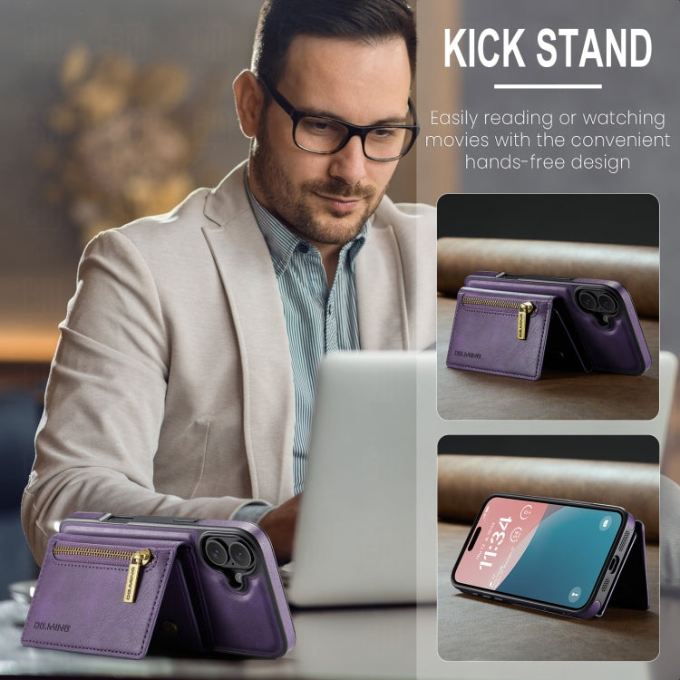 For iPhone 16 Plus DG.MING M5 Series Zip RFID Multi Card Detachable Leather Phone Case