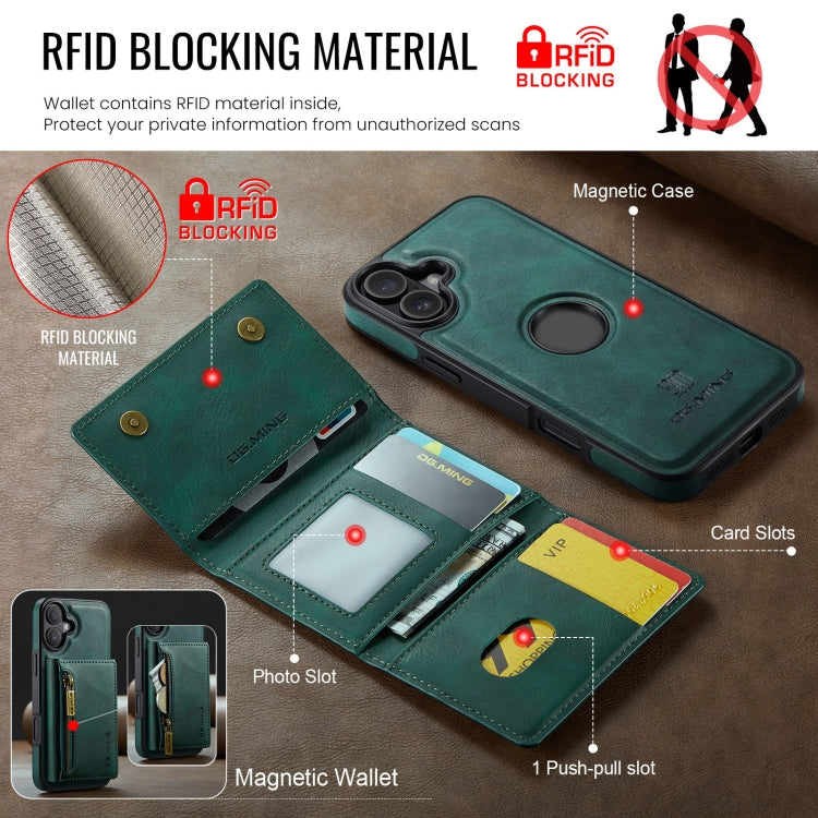 For iPhone 16 Plus DG.MING M5 Series Zip RFID Multi Card Detachable Leather Phone Case