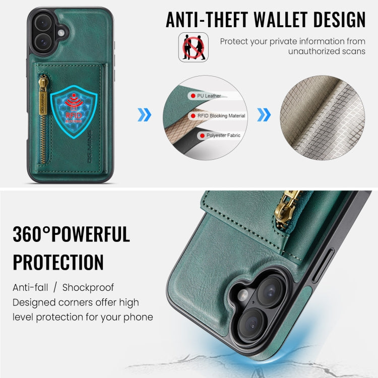 For iPhone 16 Plus DG.MING M5 Series Zip RFID Multi Card Detachable Leather Phone Case