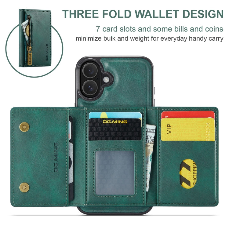 For iPhone 16 Plus DG.MING M5 Series Zip RFID Multi Card Detachable Leather Phone Case