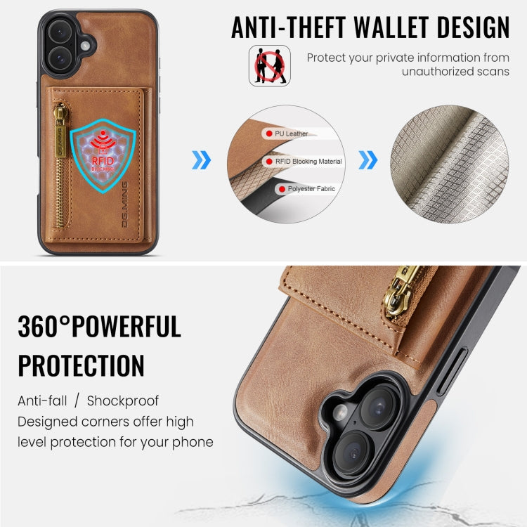 For iPhone 16 DG.MING M5 Series Zip RFID Multi Card Detachable Leather Phone Case