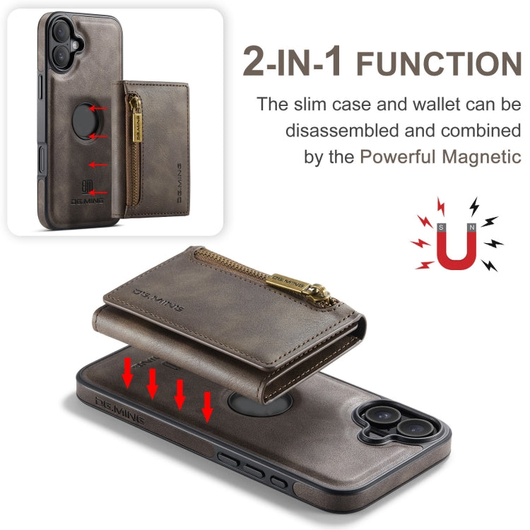 For iPhone 16 DG.MING M5 Series Zip RFID Multi Card Detachable Leather Phone Case