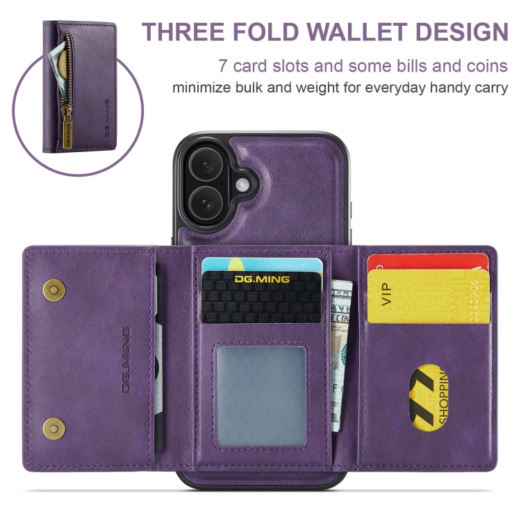 For iPhone 16 DG.MING M5 Series Zip RFID Multi Card Detachable Leather Phone Case