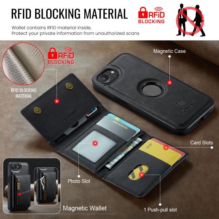 For iPhone 17e / 16e DG.MING M5 Series Zip RFID Multi Card Detachable Leather Phone Case