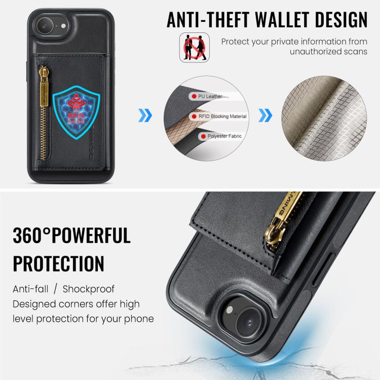 For iPhone 17e / 16e DG.MING M5 Series Zip RFID Multi Card Detachable Leather Phone Case