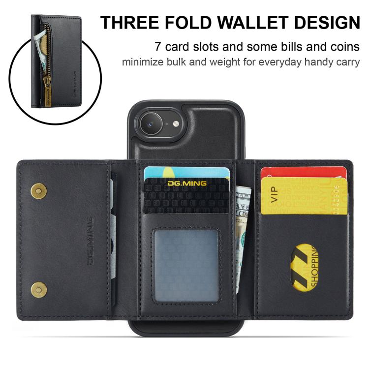 For iPhone 17e / 16e DG.MING M5 Series Zip RFID Multi Card Detachable Leather Phone Case
