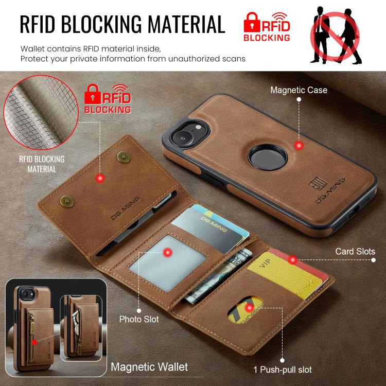 For iPhone 17e / 16e DG.MING M5 Series Zip RFID Multi Card Detachable Leather Phone Case