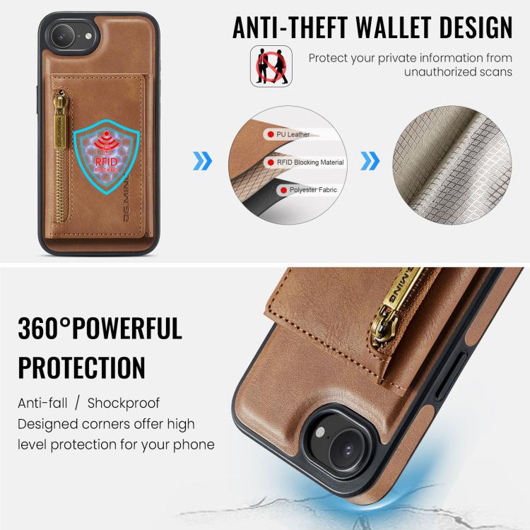 For iPhone 17e / 16e DG.MING M5 Series Zip RFID Multi Card Detachable Leather Phone Case