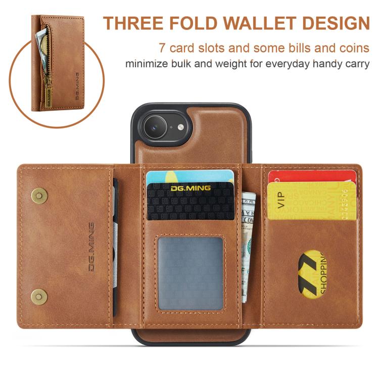 For iPhone 17e / 16e DG.MING M5 Series Zip RFID Multi Card Detachable Leather Phone Case