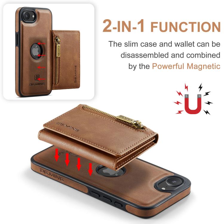 For iPhone 17e / 16e DG.MING M5 Series Zip RFID Multi Card Detachable Leather Phone Case