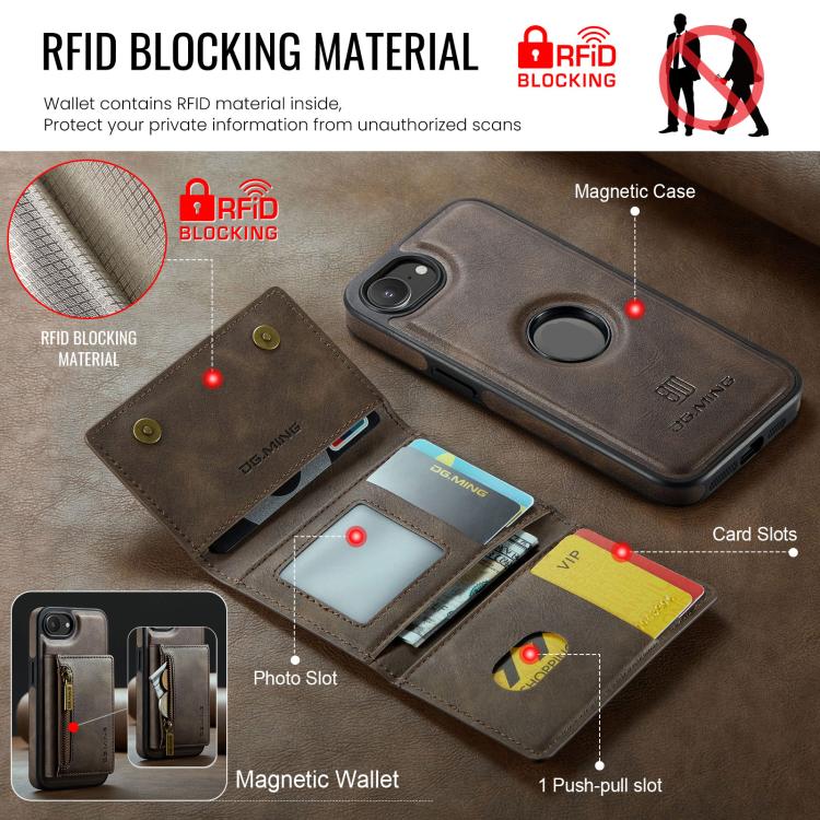 For iPhone 17e / 16e DG.MING M5 Series Zip RFID Multi Card Detachable Leather Phone Case