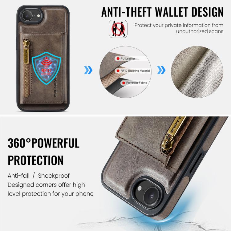 For iPhone 17e / 16e DG.MING M5 Series Zip RFID Multi Card Detachable Leather Phone Case