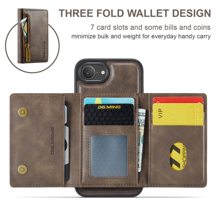 For iPhone 17e / 16e DG.MING M5 Series Zip RFID Multi Card Detachable Leather Phone Case