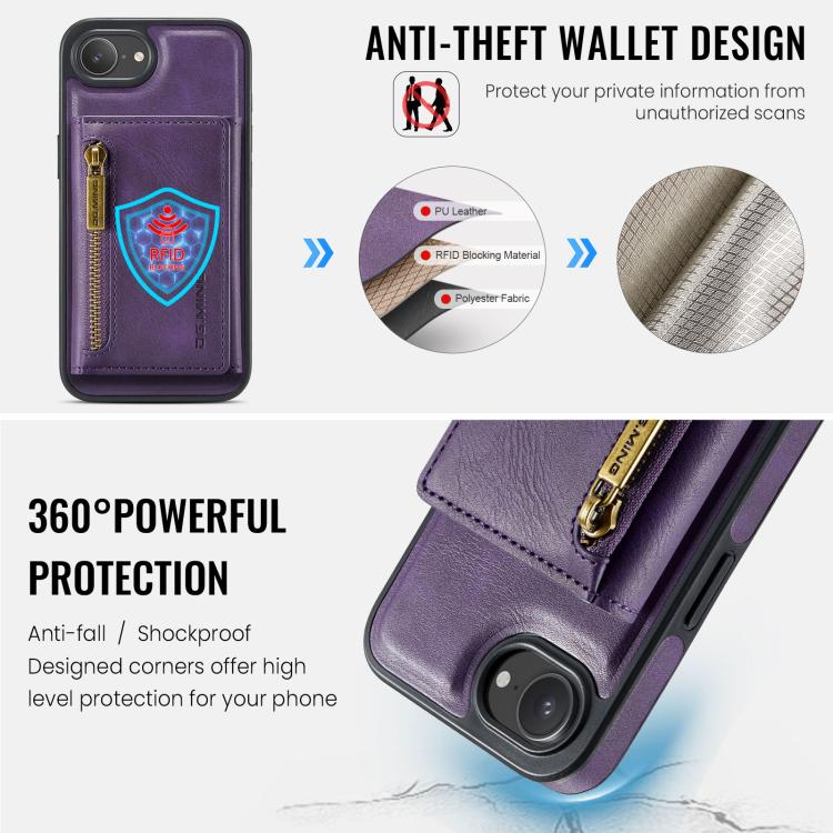 For iPhone 17e / 16e DG.MING M5 Series Zip RFID Multi Card Detachable Leather Phone Case