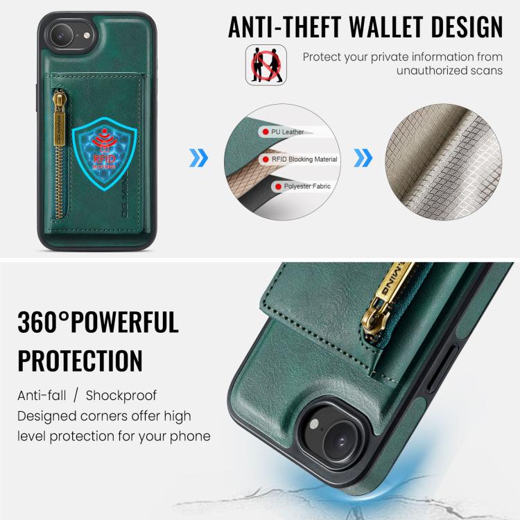 For iPhone 17e / 16e DG.MING M5 Series Zip RFID Multi Card Detachable Leather Phone Case
