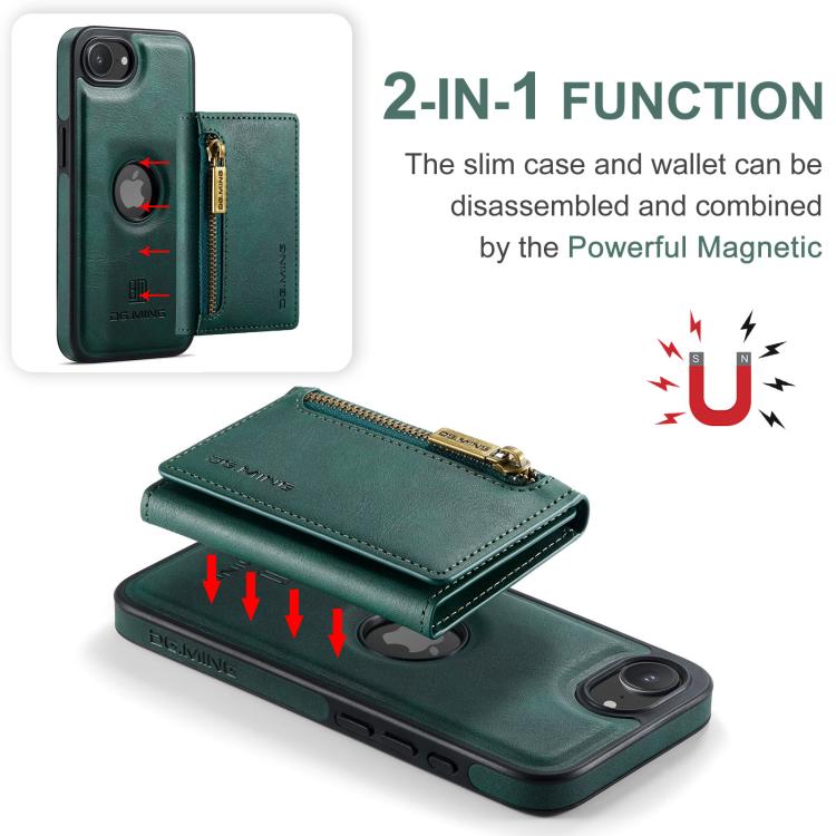 For iPhone 17e / 16e DG.MING M5 Series Zip RFID Multi Card Detachable Leather Phone Case