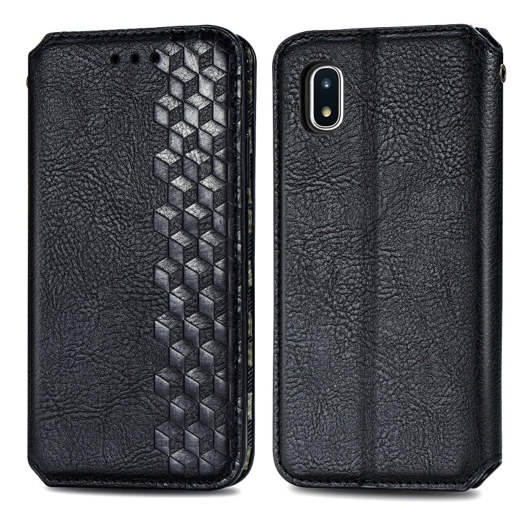 For Samsung Galaxy A20(Japanese Version) Cubic Grid Pressed Horizontal Flip Magnetic Leather Case with Holder & Card Slots & Wallet