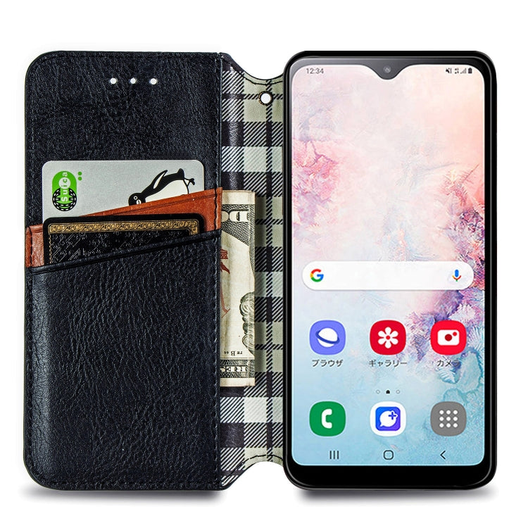 For Samsung Galaxy A20(Japanese Version) Cubic Grid Pressed Horizontal Flip Magnetic Leather Case with Holder & Card Slots & Wallet