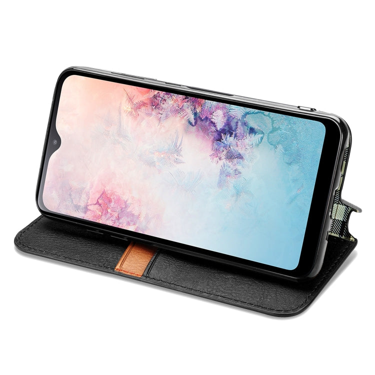 For Samsung Galaxy A20(Japanese Version) Cubic Grid Pressed Horizontal Flip Magnetic Leather Case with Holder & Card Slots & Wallet
