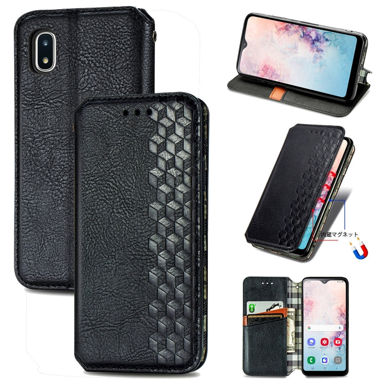 For Samsung Galaxy A20(Japanese Version) Cubic Grid Pressed Horizontal Flip Magnetic Leather Case with Holder & Card Slots & Wallet