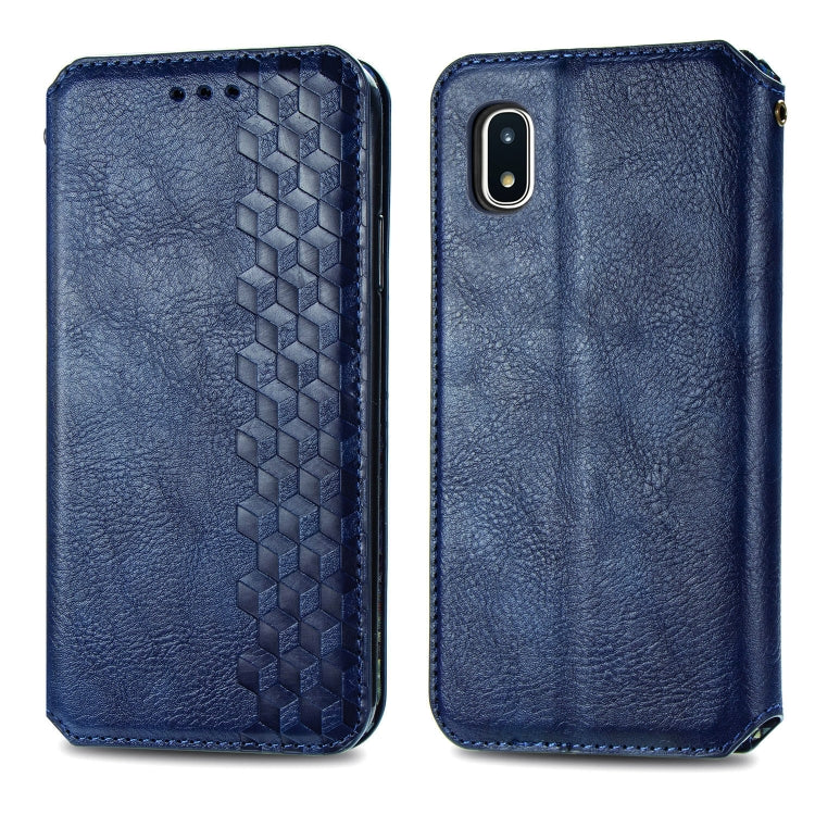 For Samsung Galaxy A20(Japanese Version) Cubic Grid Pressed Horizontal Flip Magnetic Leather Case with Holder & Card Slots & Wallet