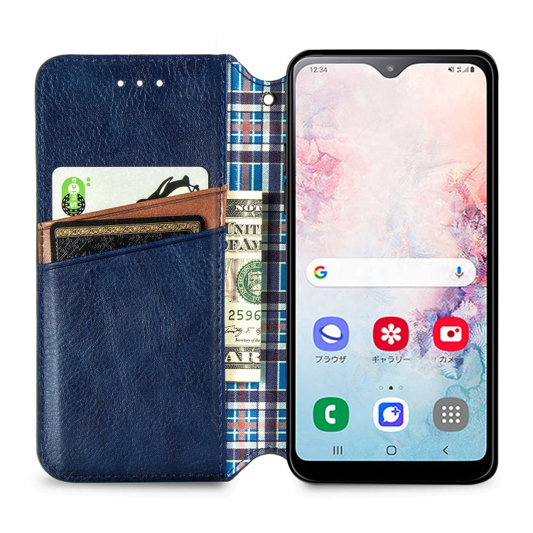 For Samsung Galaxy A20(Japanese Version) Cubic Grid Pressed Horizontal Flip Magnetic Leather Case with Holder & Card Slots & Wallet