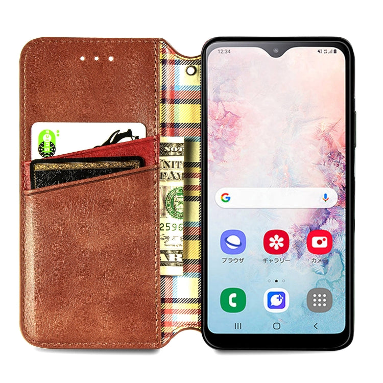 For Samsung Galaxy A20(Japanese Version) Cubic Grid Pressed Horizontal Flip Magnetic Leather Case with Holder & Card Slots & Wallet