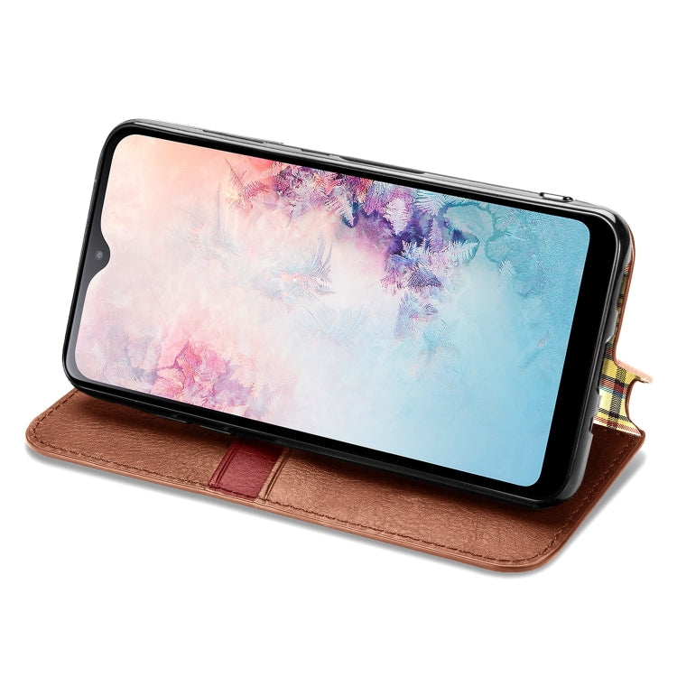 For Samsung Galaxy A20(Japanese Version) Cubic Grid Pressed Horizontal Flip Magnetic Leather Case with Holder & Card Slots & Wallet