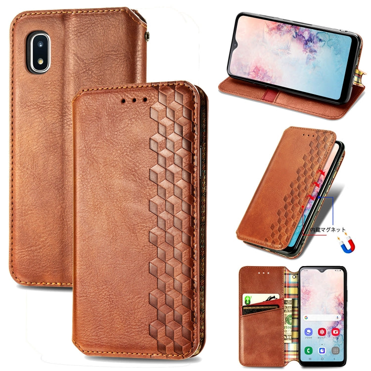 For Samsung Galaxy A20(Japanese Version) Cubic Grid Pressed Horizontal Flip Magnetic Leather Case with Holder & Card Slots & Wallet